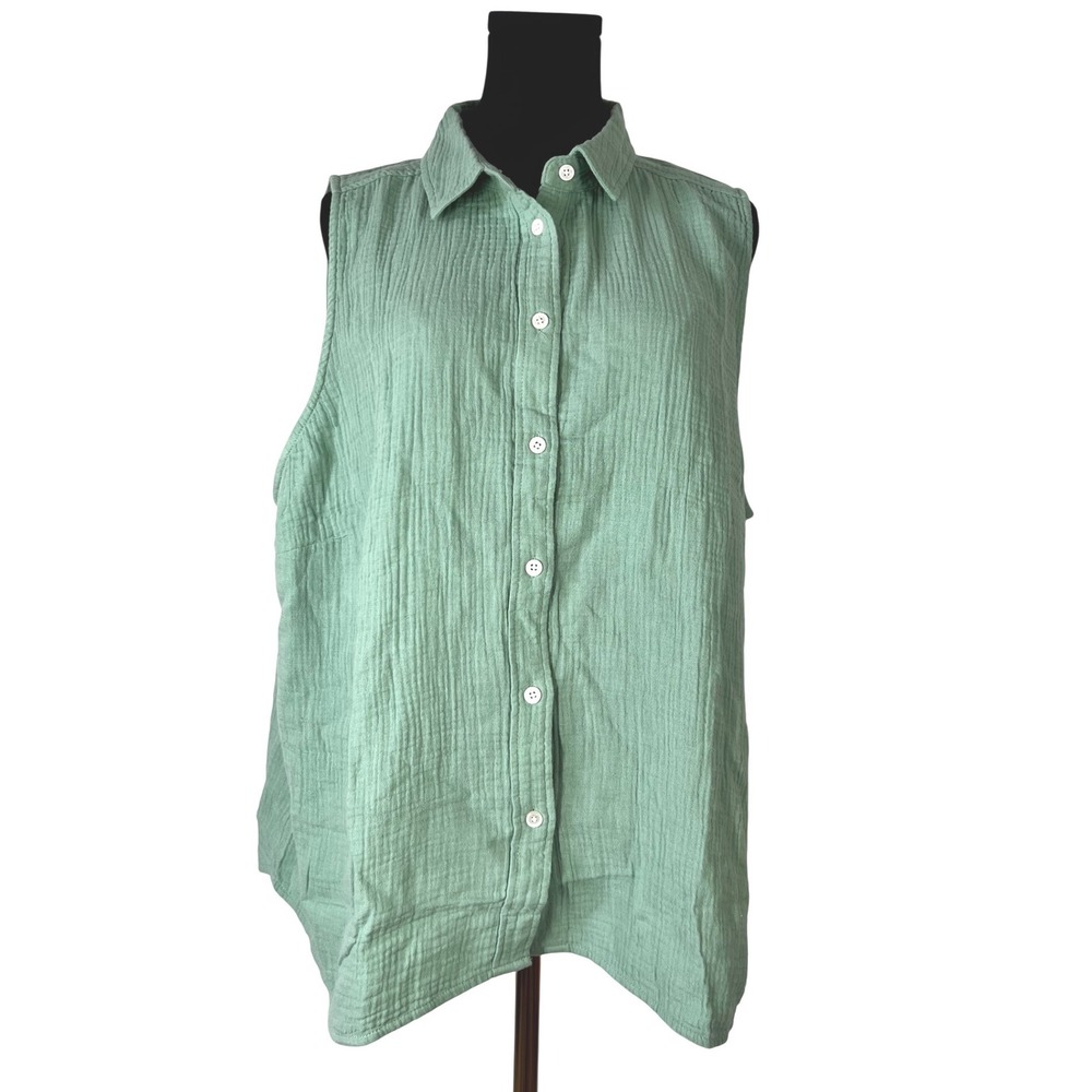 J.Crew Womens 2X Sage Green Double-Gauze Sleeveless Button Down Shirt NWT